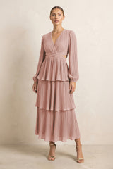 V-Neck Tiered A-Line Chiffon Midi Bridesmaid Dress in English Rose | KISSBRIDAL