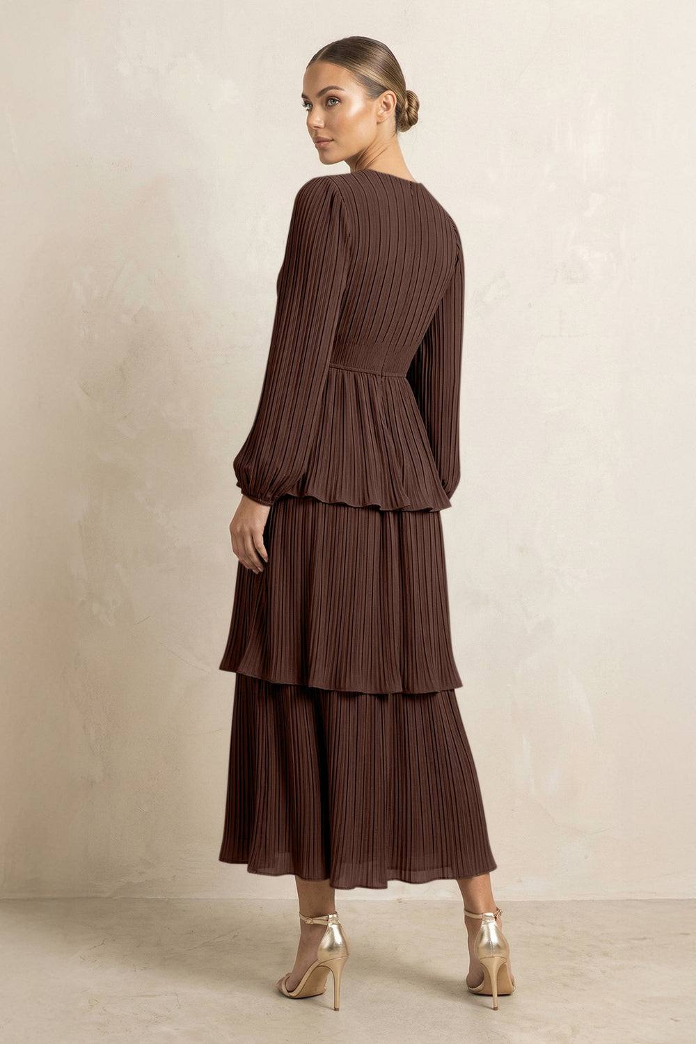 V - Neck Tiered A - Line Chiffon Midi Bridesmaid Dress in Espresso - KISS BRIDAL Bridesmaid Dresses