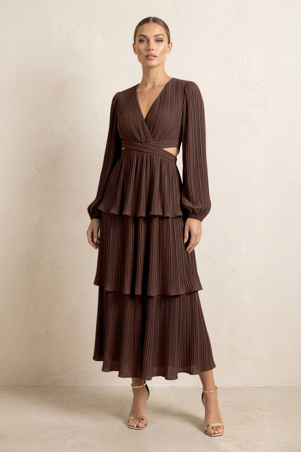 V - Neck Tiered A - Line Chiffon Midi Bridesmaid Dress in Espresso - KISS BRIDAL Bridesmaid Dresses