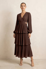 V - Neck Tiered A - Line Chiffon Midi Bridesmaid Dress in Espresso - KISS BRIDAL Bridesmaid Dresses