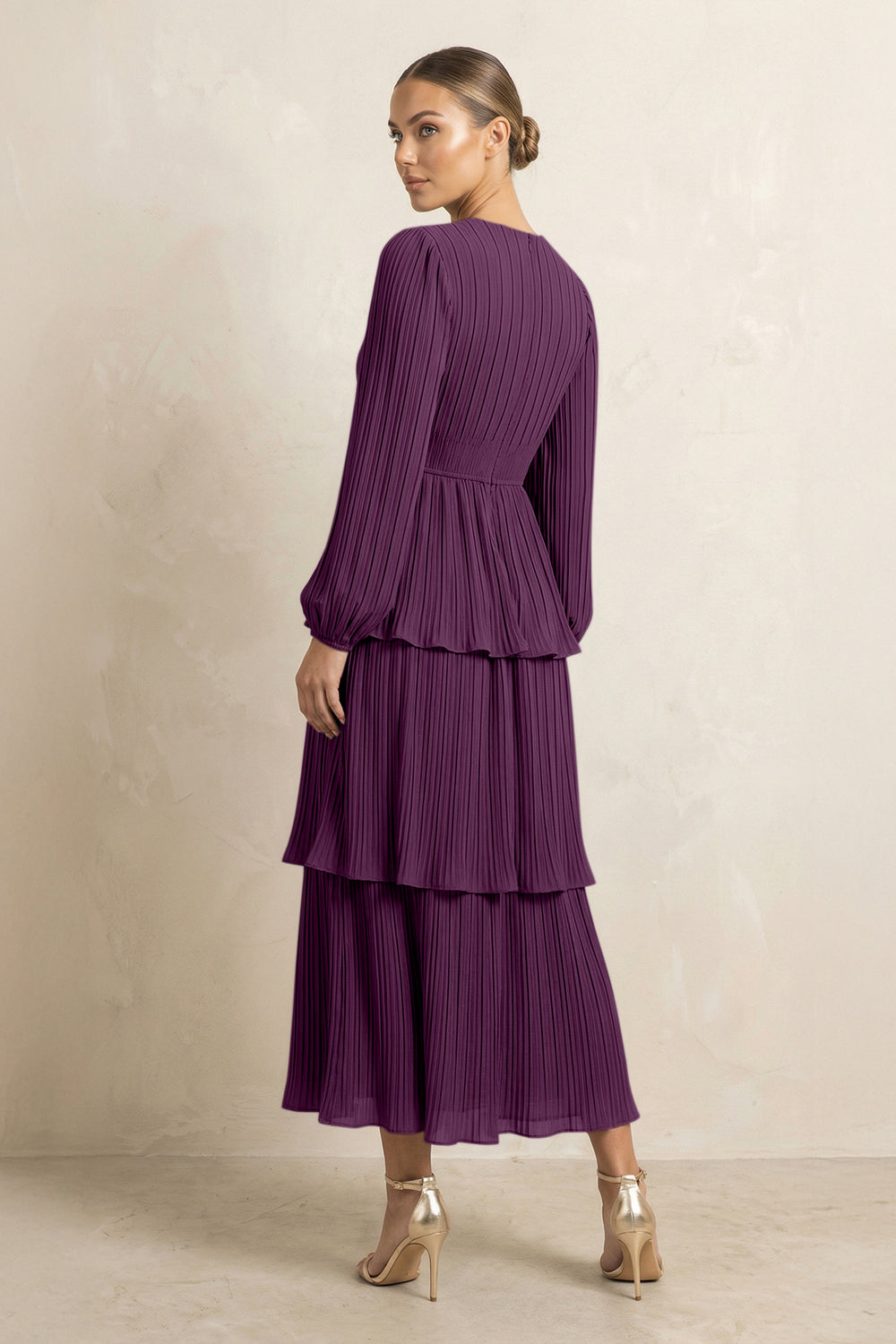 V-Neck Tiered A-Line Chiffon Midi Bridesmaid Dress in Fig