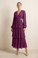 V - Neck Tiered A - Line Chiffon Midi Bridesmaid Dress in Fig - SHE IS ME Bridesmaid Dresses
