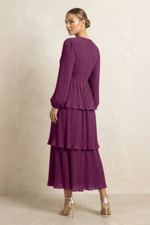 V - Neck Tiered A - Line Chiffon Midi Bridesmaid Dress in Fig - SHE IS ME Bridesmaid Dresses