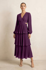V-Neck Tiered A-Line Chiffon Midi Bridesmaid Dress in Fig | KISSBRIDAL