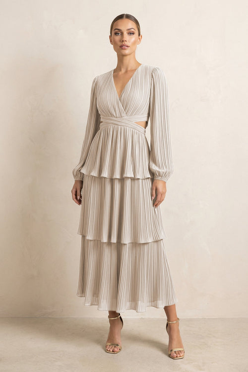 V - Neck Tiered A - Line Chiffon Midi Bridesmaid Dress in Frost - SHE IS ME Bridesmaid Dresses