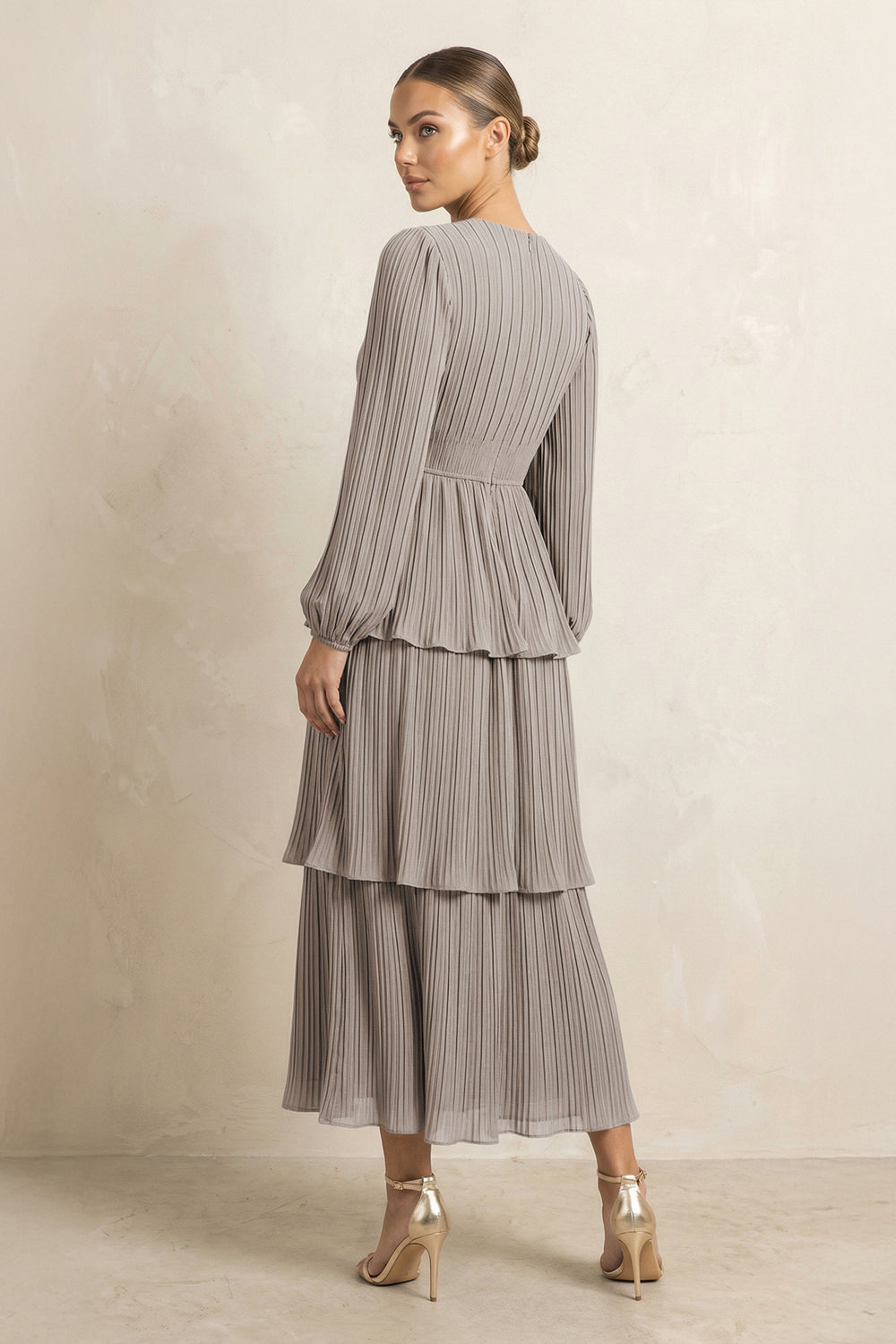 V-Neck Tiered A-Line Chiffon Midi Bridesmaid Dress in Frost