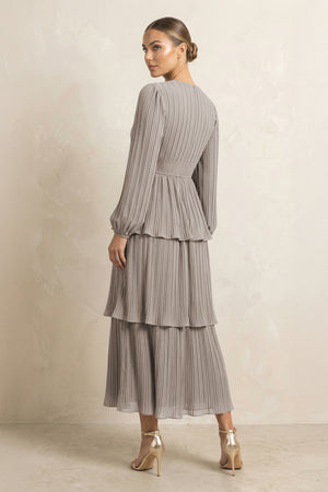 V-Neck Tiered A-Line Chiffon Midi Bridesmaid Dress in Frost (2) | KISSBRIDAL
