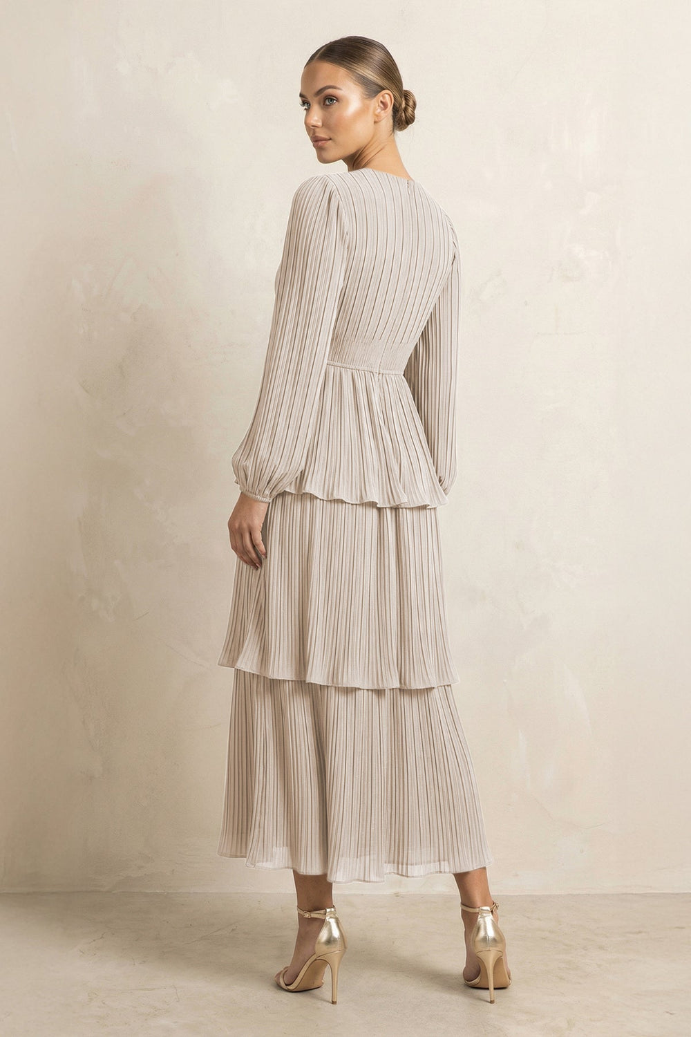 V - Neck Tiered A - Line Chiffon Midi Bridesmaid Dress in Frost - KISS BRIDAL Bridesmaid Dresses