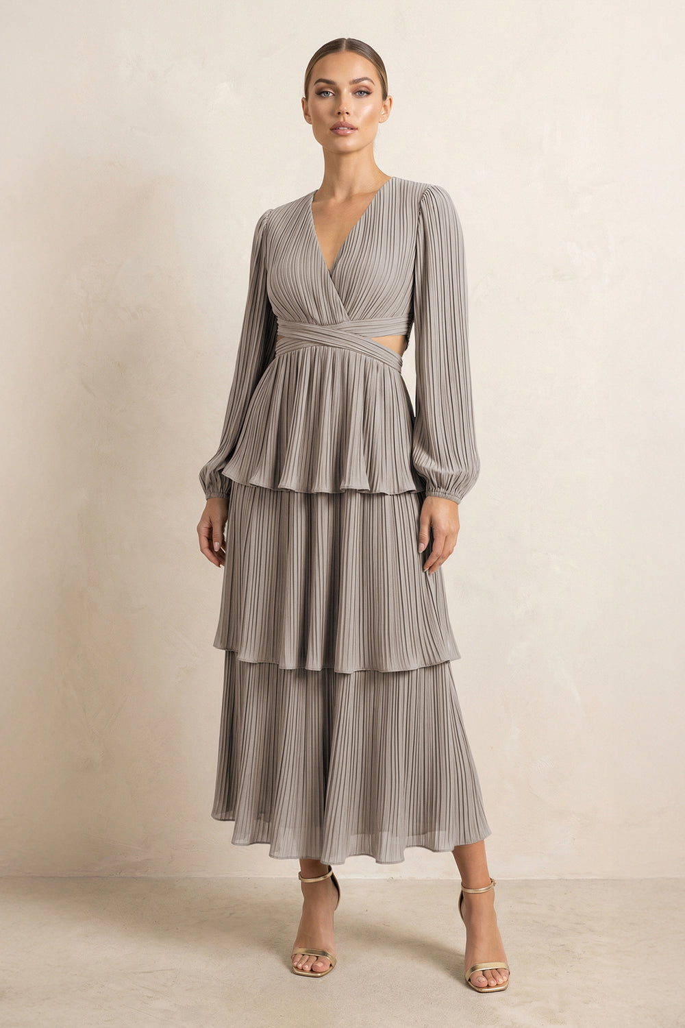 V-Neck Tiered A-Line Chiffon Midi Bridesmaid Dress in Frost
