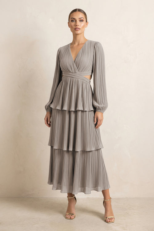 V-Neck Tiered A-Line Chiffon Midi Bridesmaid Dress in Frost | KISSBRIDAL