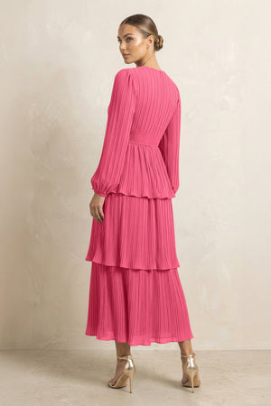 V - Neck Tiered A - Line Chiffon Midi Bridesmaid Dress in Fuchsia - SHE IS ME Bridesmaid Dresses