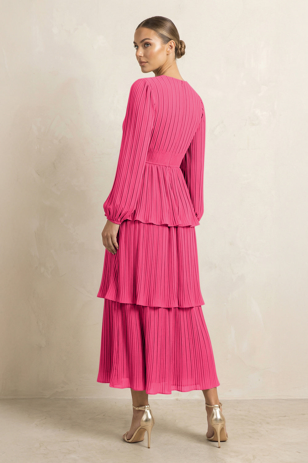 V-Neck Tiered A-Line Chiffon Midi Bridesmaid Dress in Fuchsia