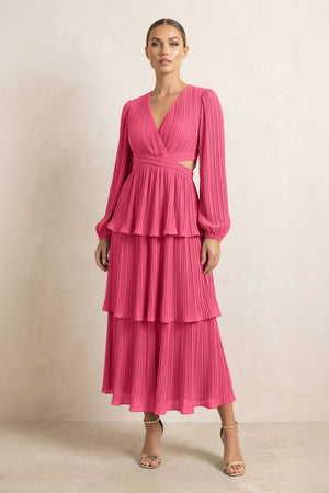 V - Neck Tiered A - Line Chiffon Midi Bridesmaid Dress in Fuchsia - SHE IS ME Bridesmaid Dresses