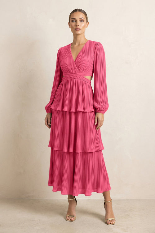 V - Neck Tiered A - Line Chiffon Midi Bridesmaid Dress in Fuchsia - SHE IS ME Bridesmaid Dresses