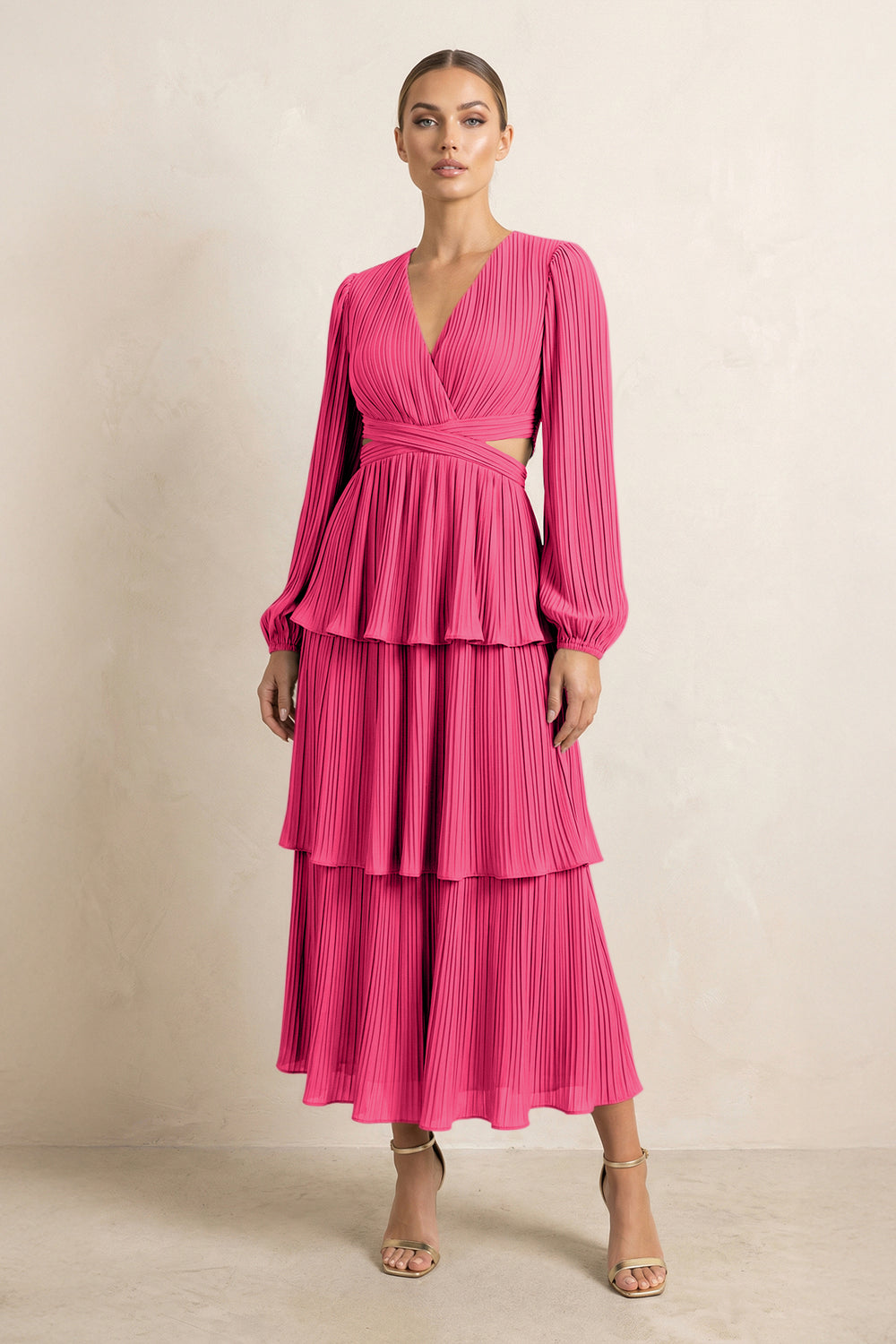 V-Neck Tiered A-Line Chiffon Midi Bridesmaid Dress in Fuchsia