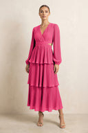 V-Neck Tiered A-Line Chiffon Midi Bridesmaid Dress in Fuchsia | KISSBRIDAL