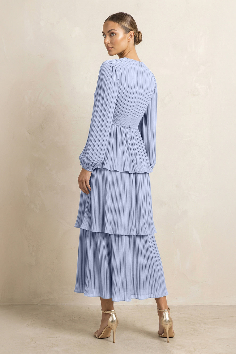 V-Neck Tiered A-Line Chiffon Midi Bridesmaid Dress in Ice