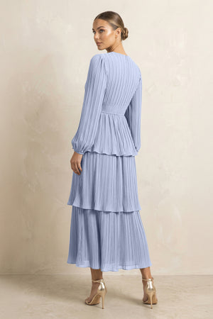 V-Neck Tiered A-Line Chiffon Midi Bridesmaid Dress in Ice (2) | KISSBRIDAL