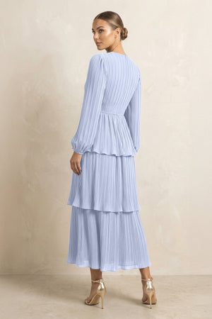 V - Neck Tiered A - Line Chiffon Midi Bridesmaid Dress in Ice - SHE IS ME Bridesmaid Dresses