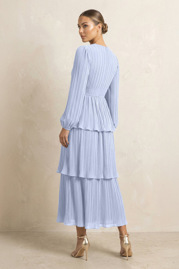 V - Neck Tiered A - Line Chiffon Midi Bridesmaid Dress in Ice - SHE IS ME Bridesmaid Dresses