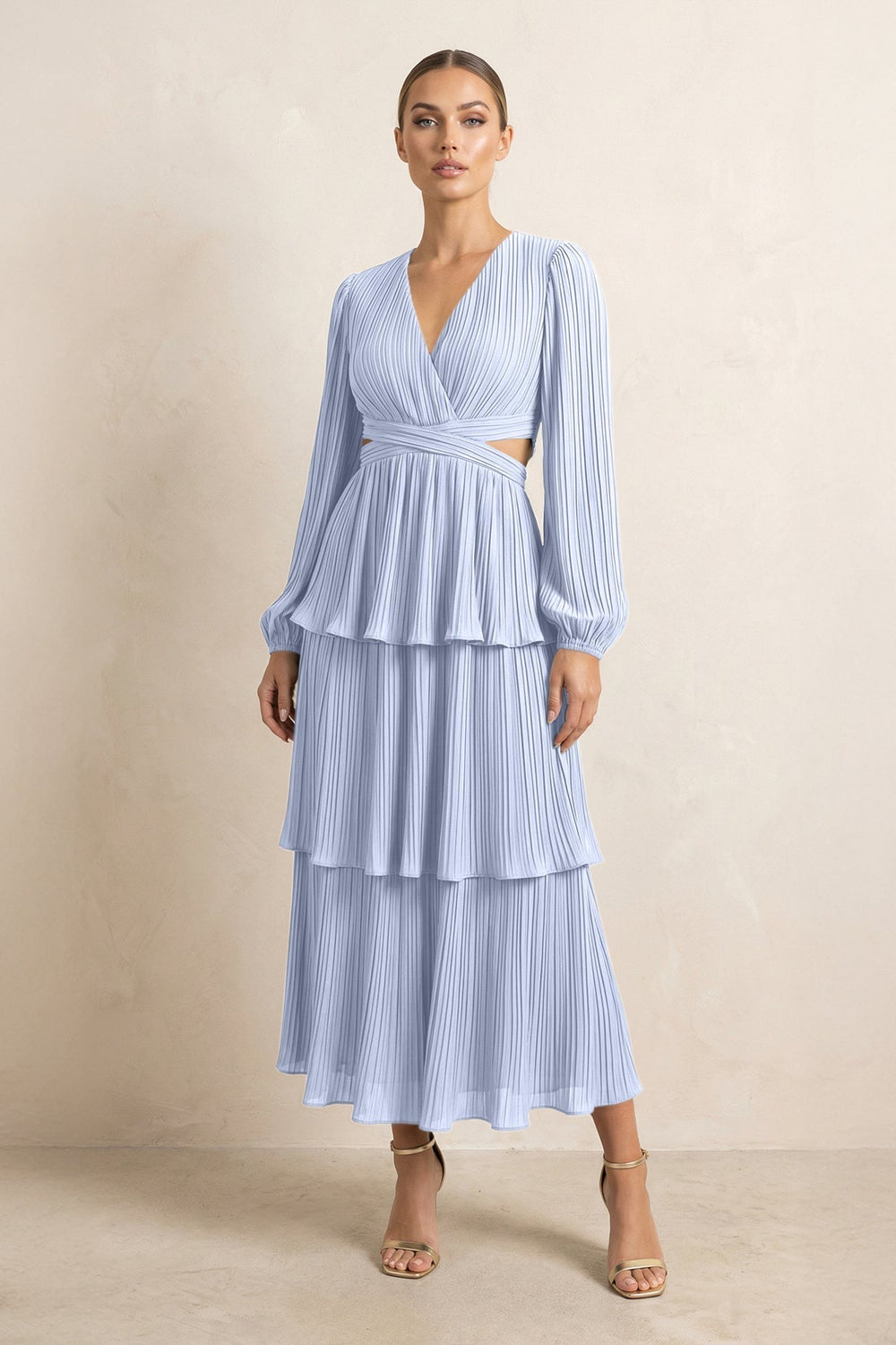 V - Neck Tiered A - Line Chiffon Midi Bridesmaid Dress in Ice - KISS BRIDAL Bridesmaid Dresses
