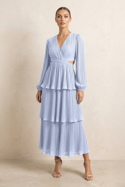 V - Neck Tiered A - Line Chiffon Midi Bridesmaid Dress in Ice - SHE IS ME Bridesmaid Dresses