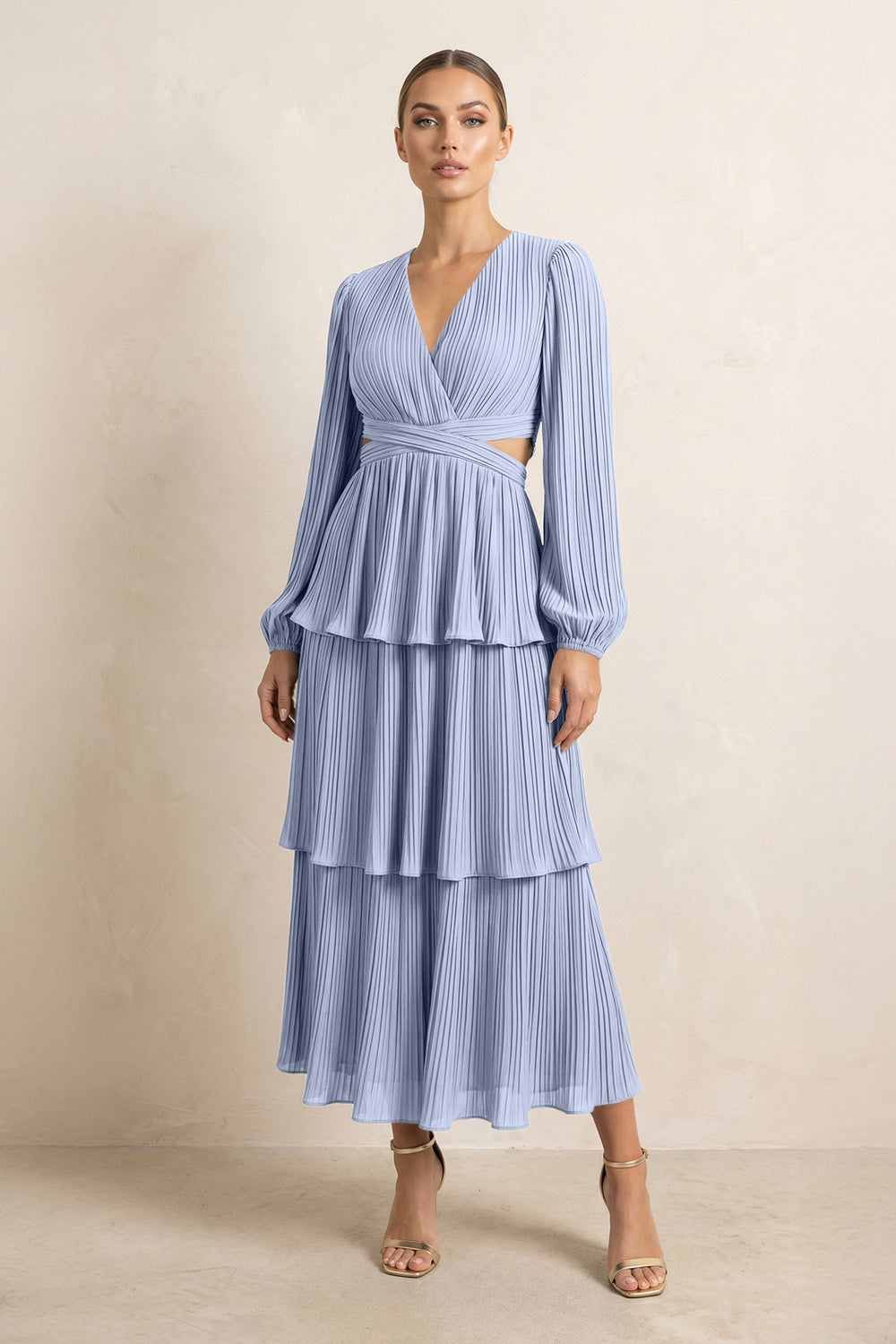 V-Neck Tiered A-Line Chiffon Midi Bridesmaid Dress in Ice
