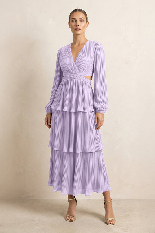 V - Neck Tiered A - Line Chiffon Midi Bridesmaid Dress in Lavender - SHE IS ME Bridesmaid Dresses