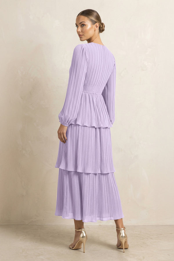 V - Neck Tiered A - Line Chiffon Midi Bridesmaid Dress in Lavender - SHE IS ME Bridesmaid Dresses