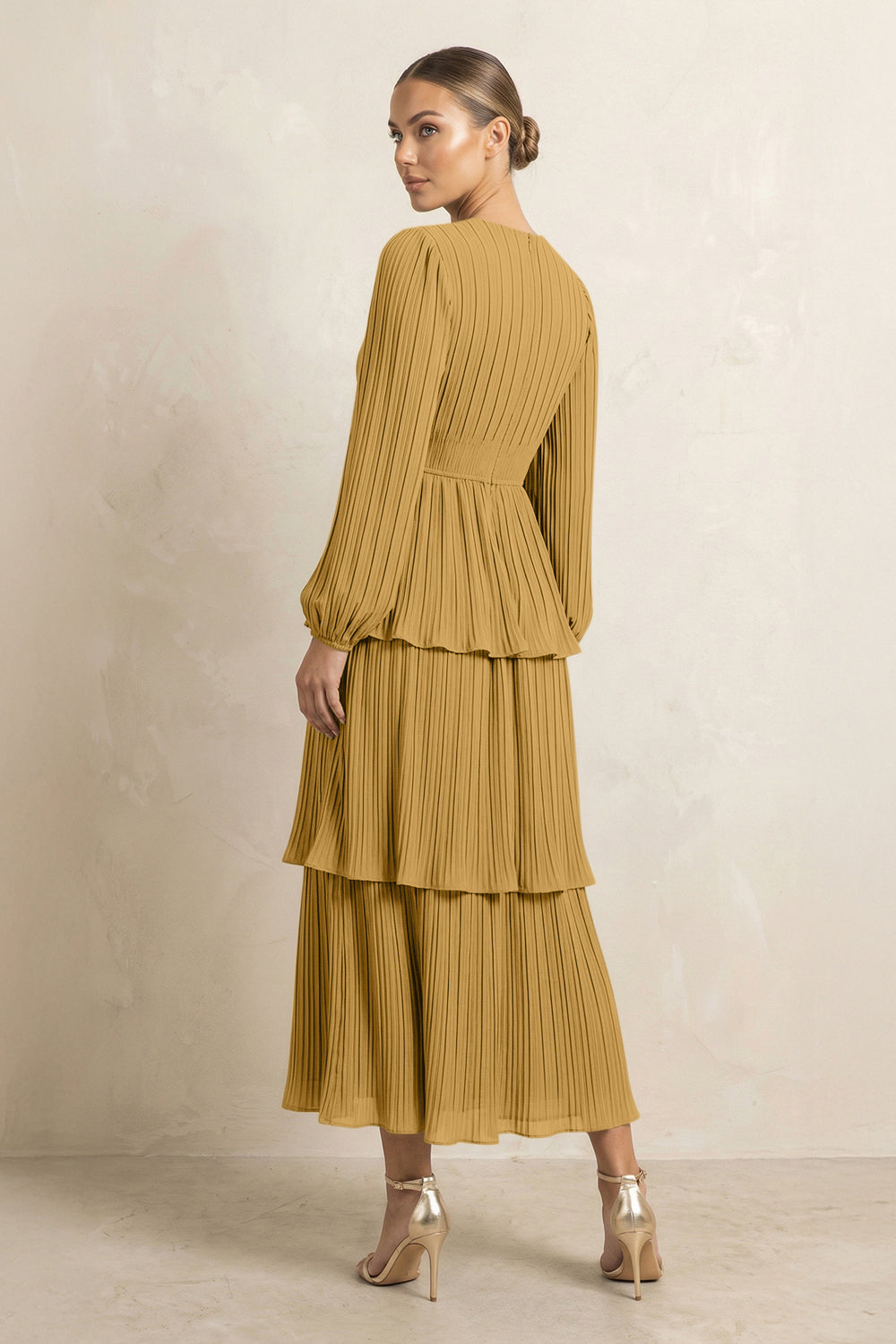 V-Neck Tiered A-Line Chiffon Midi Bridesmaid Dress in Marigold