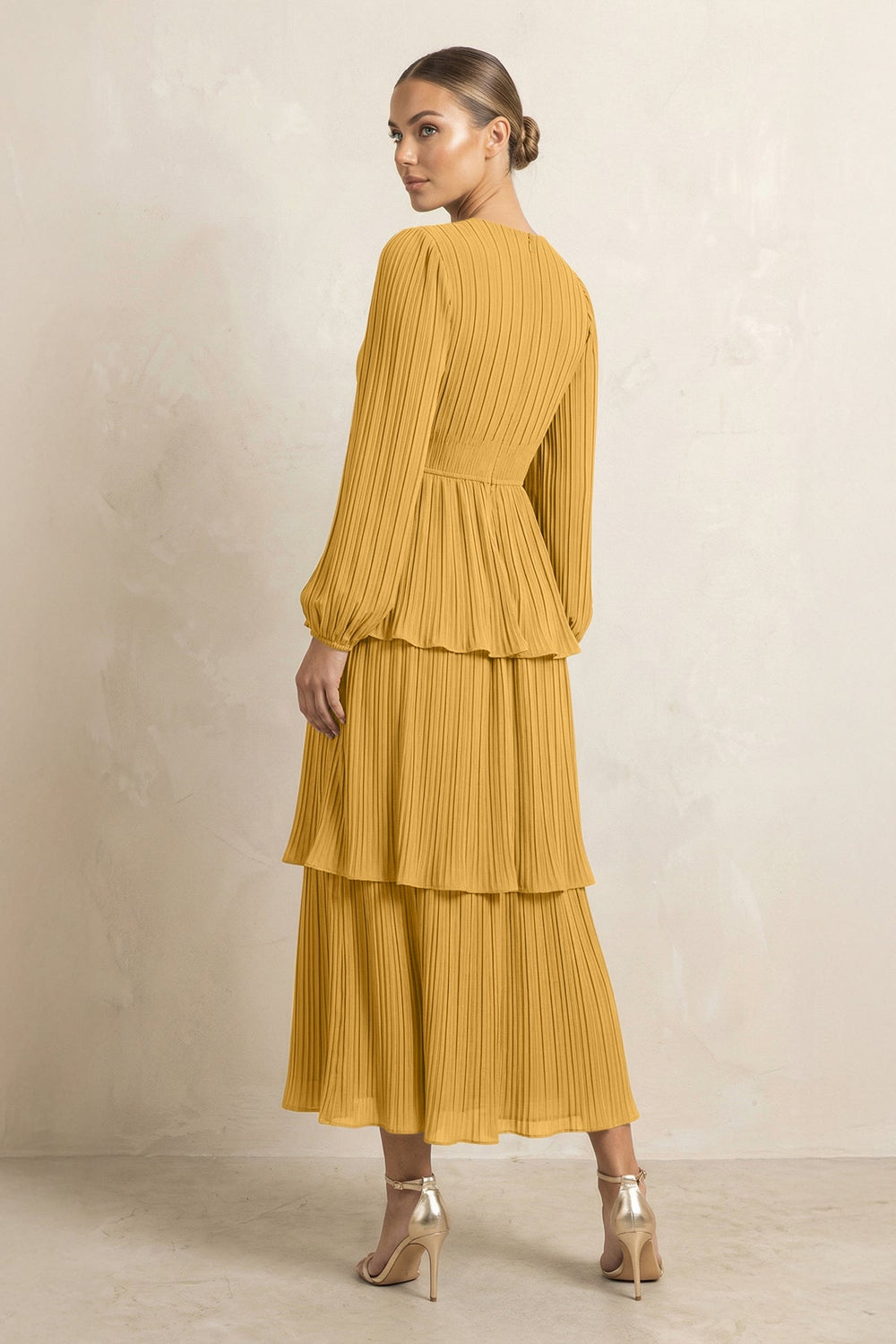 V - Neck Tiered A - Line Chiffon Midi Bridesmaid Dress in Marigold - KISS BRIDAL Bridesmaid Dresses