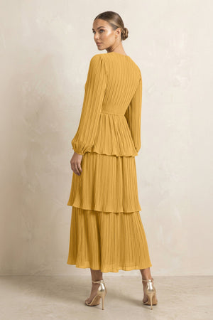 V - Neck Tiered A - Line Chiffon Midi Bridesmaid Dress in Marigold - SHE IS ME Bridesmaid Dresses