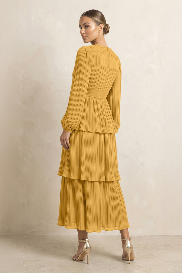 V - Neck Tiered A - Line Chiffon Midi Bridesmaid Dress in Marigold - SHE IS ME Bridesmaid Dresses