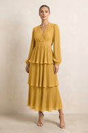 V - Neck Tiered A - Line Chiffon Midi Bridesmaid Dress in Marigold - SHE IS ME Bridesmaid Dresses