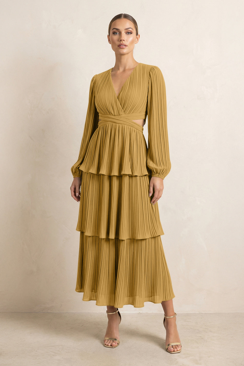V-Neck Tiered A-Line Chiffon Midi Bridesmaid Dress in Marigold