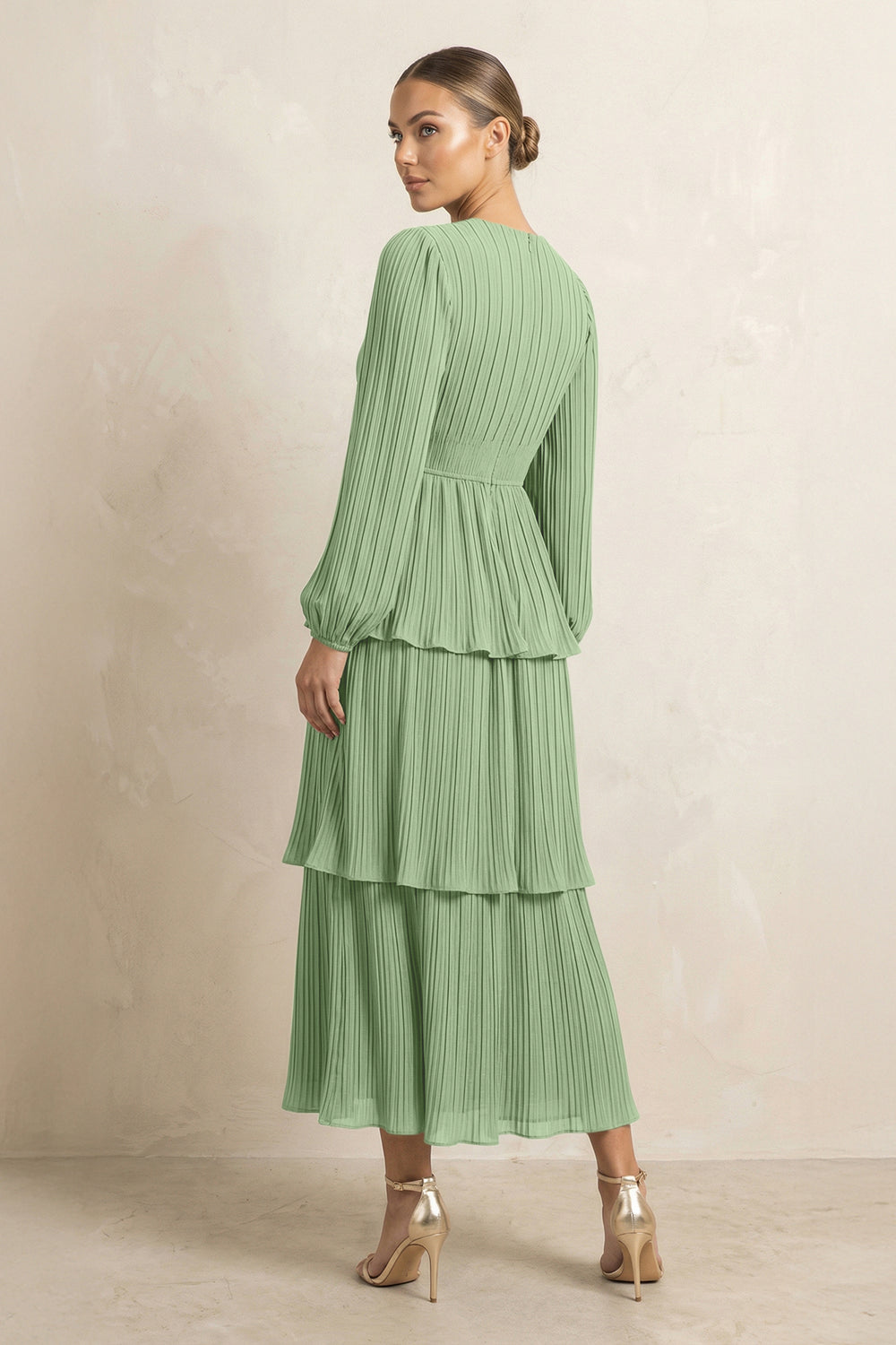 V-Neck Tiered A-Line Chiffon Midi Bridesmaid Dress in Matcha