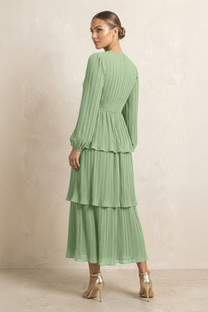 V-Neck Tiered A-Line Chiffon Midi Bridesmaid Dress in Matcha (2) | KISSBRIDAL
