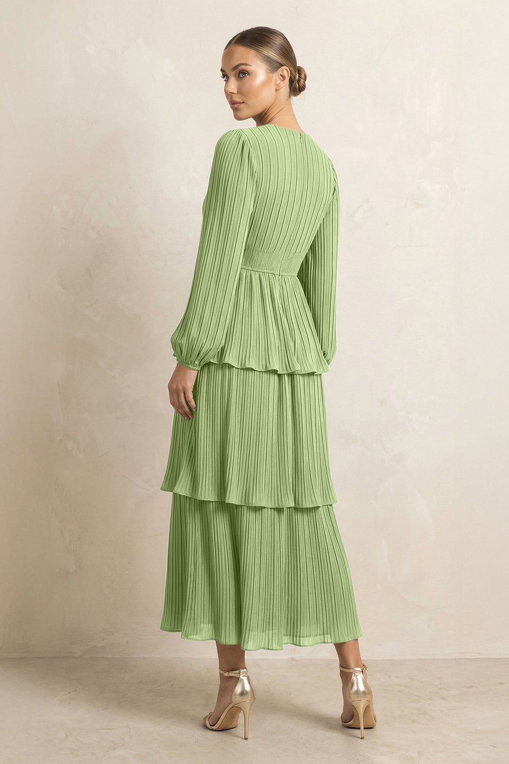 V - Neck Tiered A - Line Chiffon Midi Bridesmaid Dress in Matcha - KISS BRIDAL Bridesmaid Dresses