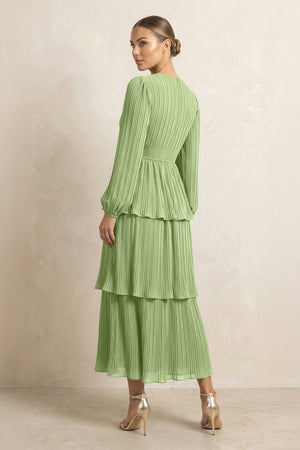 V - Neck Tiered A - Line Chiffon Midi Bridesmaid Dress in Matcha - SHE IS ME Bridesmaid Dresses