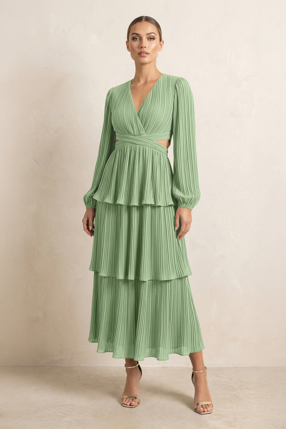 V-Neck Tiered A-Line Chiffon Midi Bridesmaid Dress in Matcha