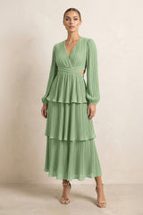 V-Neck Tiered A-Line Chiffon Midi Bridesmaid Dress in Matcha | KISSBRIDAL