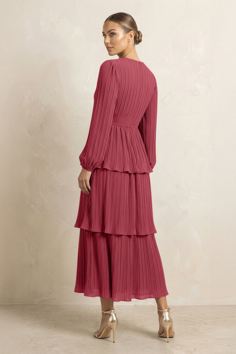 V-Neck Tiered A-Line Chiffon Midi Bridesmaid Dress in Merlot