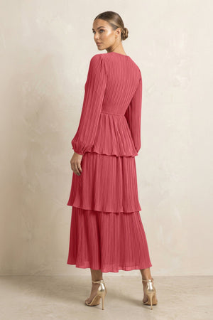 V - Neck Tiered A - Line Chiffon Midi Bridesmaid Dress in Merlot - SHE IS ME Bridesmaid Dresses