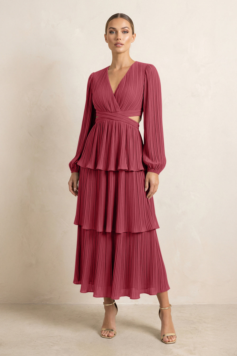 V-Neck Tiered A-Line Chiffon Midi Bridesmaid Dress in Merlot