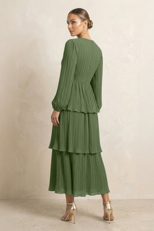 V-Neck Tiered A-Line Chiffon Midi Bridesmaid Dress in Moss (2) | KISSBRIDAL