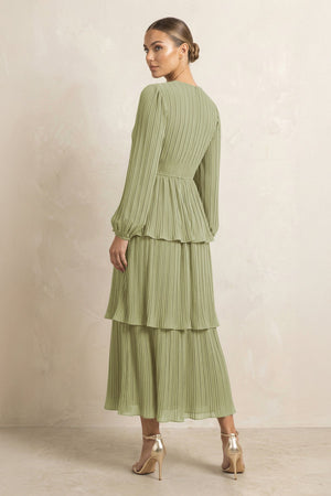 V - Neck Tiered A - Line Chiffon Midi Bridesmaid Dress in Moss - SHE IS ME Bridesmaid Dresses