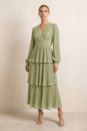 V - Neck Tiered A - Line Chiffon Midi Bridesmaid Dress in Moss - SHE IS ME Bridesmaid Dresses