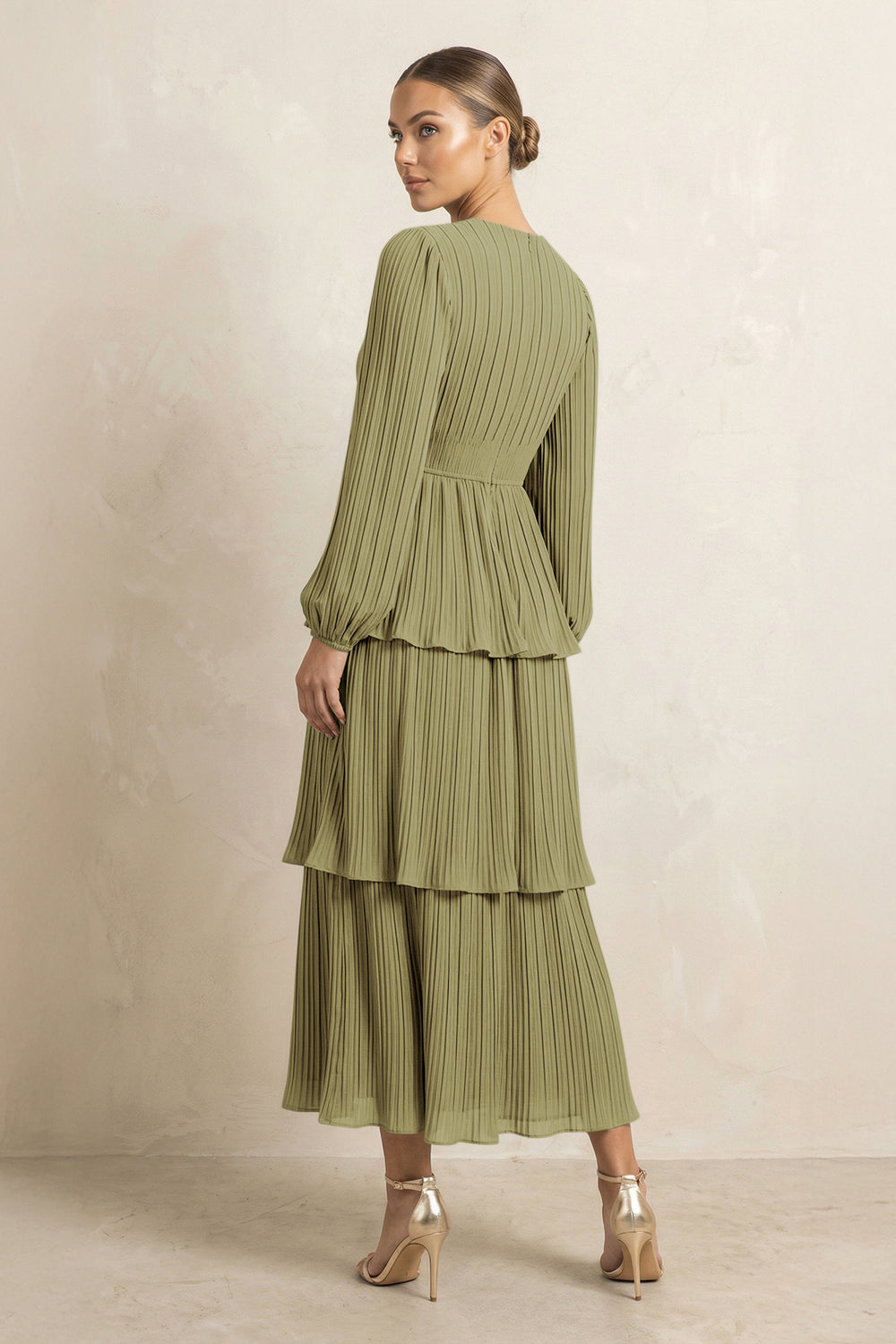 V-Neck Tiered A-Line Chiffon Midi Bridesmaid Dress in Moss Green