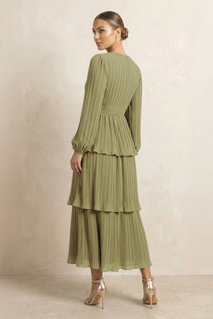V-Neck Tiered A-Line Chiffon Midi Bridesmaid Dress in Moss Green (2) | KISSBRIDAL