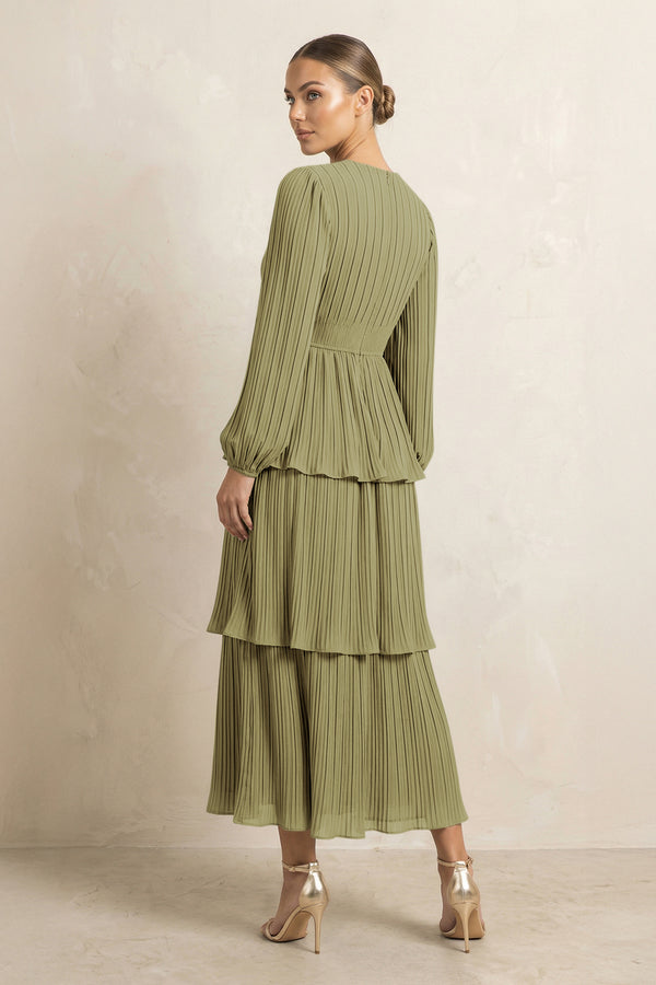 V-Neck Tiered A-Line Chiffon Midi Bridesmaid Dress in Moss Green (2) | KISSBRIDAL